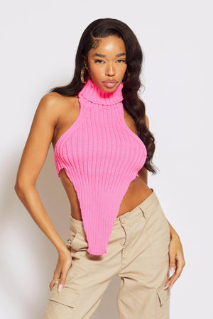 Neon Pink Chunky Polo Knit Backless Dip Hem Top
