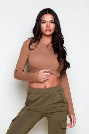 Brown Ribbed Tie Back Crop Top