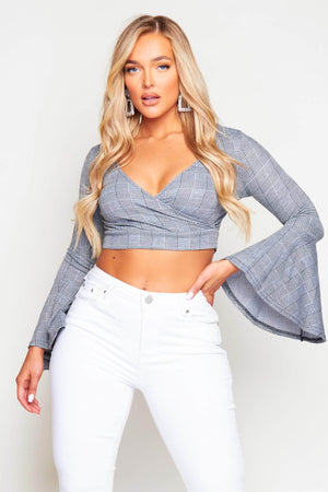 Grey Crop Checked Wrap Top with Flute Sleeves