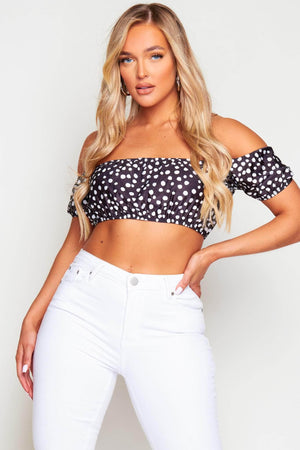 Black Polkadot Puff Sleeve Crop Top