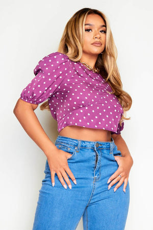 Purple Polkadot Cut Out Tie Back Crop Blouse