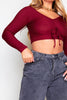 Wine Drawstring Ruched Rib Crop Top