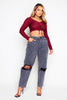 Wine Drawstring Ruched Rib Crop Top