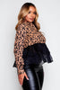 Brown Leopard Printed Ruffle Peplum Shirt