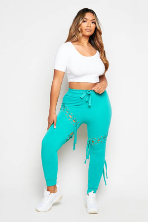 Green Eyelet Tie Up Joggers