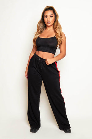 Black Contrast Front Stripe Popper Wide Leg Joggers