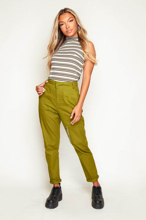 Green Turn Up Hem Utility Trousers