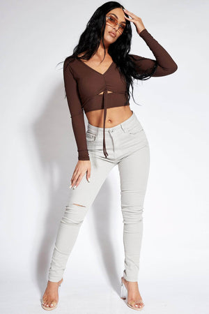 Beige Denim Knee Slit Skinny Jeans