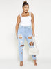 Light Wash Denim Mom Jeans with Heavy Distressed Detailing