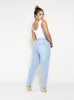Light Wash Denim Mom Jeans with Heavy Distressed Detailing
