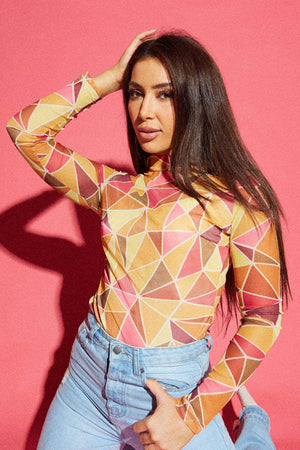 Pink & Yellow Abstract High Neck Long Sleeve Bodysuit