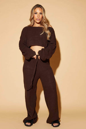 Brown Knit Crop Jumper & Wide Trouser Co-ord