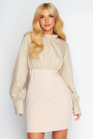 Beige High Collar Contrast Ribbed Midi Dress