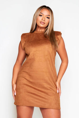 Camel Suede Shoulder Pad Sleeveless Shift Dress