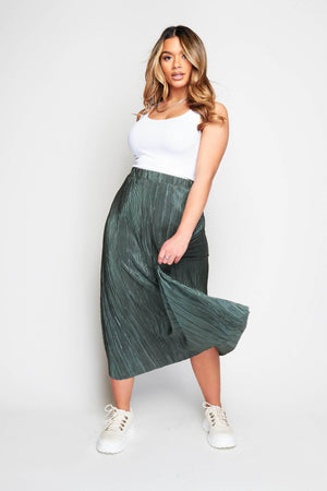 Green Plisse Midi Skirt