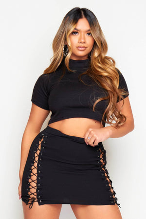 Black Double Lace Up Front Mini Skirt