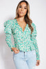 Green Floral Plunge Buttoned Pleated Blouse