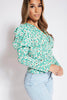 Green Floral Plunge Buttoned Pleated Blouse