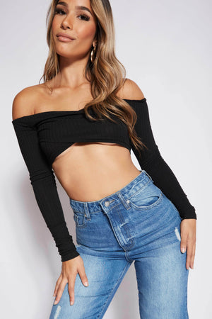 Black Ribbed Wrap Long Sleeve Crop Top