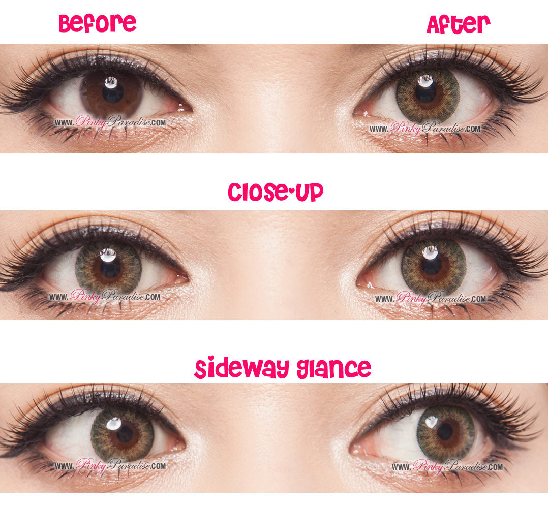 Geo tri color green circle lenses Before After