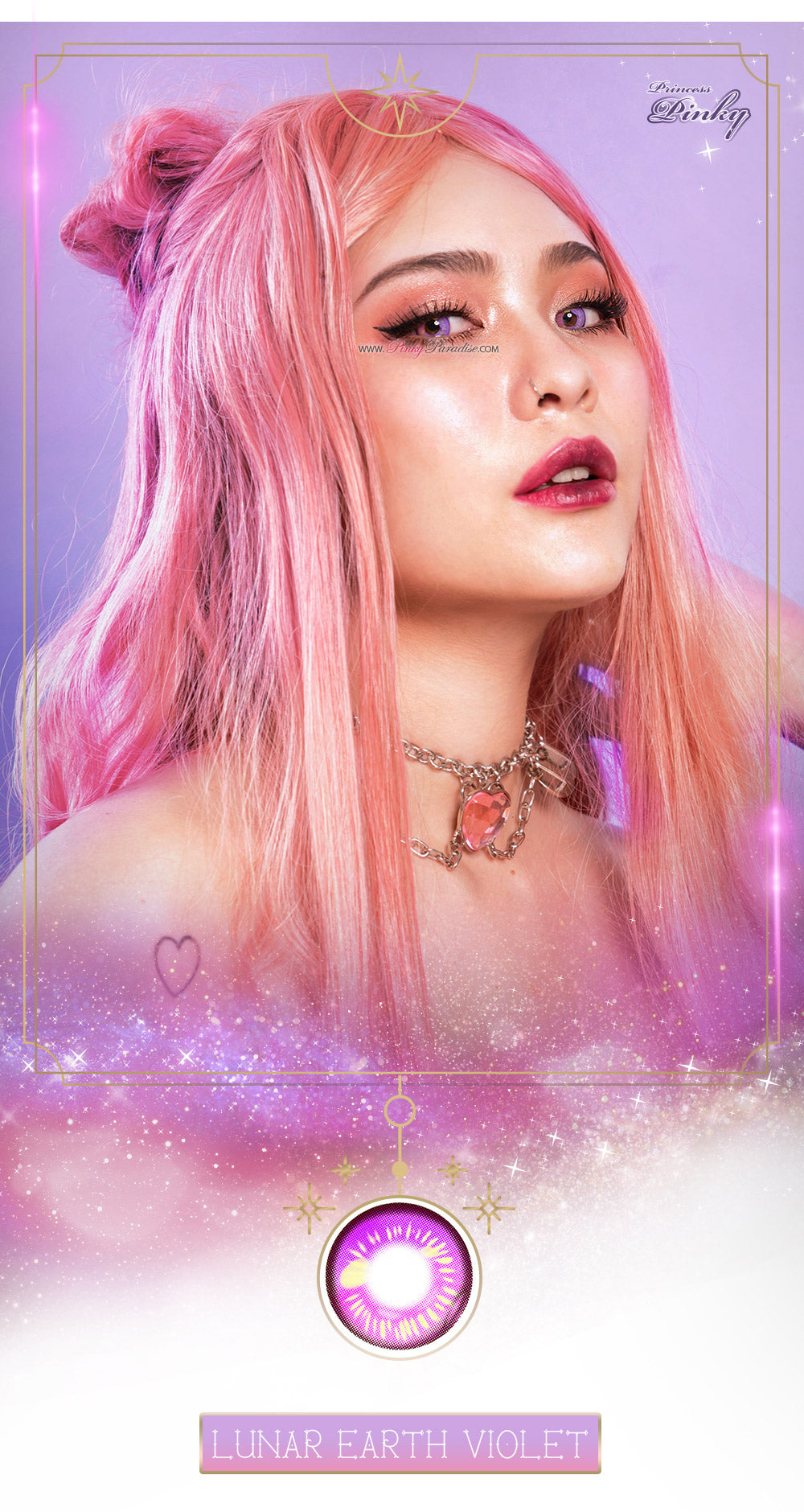 Cosplay Model wearing Princess Pinky Lunar Earth violet anime lenses.