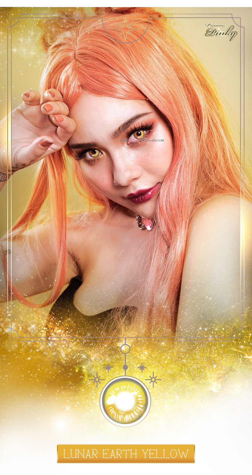 Cosplay Model wearing Princess Pinky Lunar Earth yellow anime lenses.