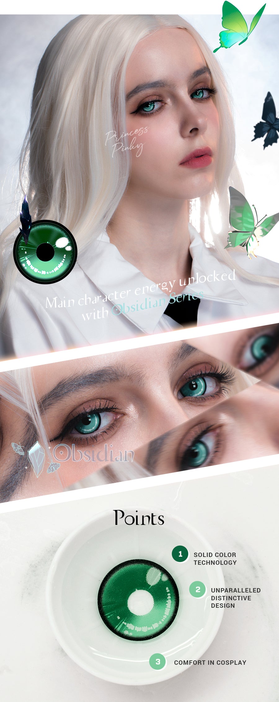 best emerald green colored contact lenses with crescent moon design for anime cosplay