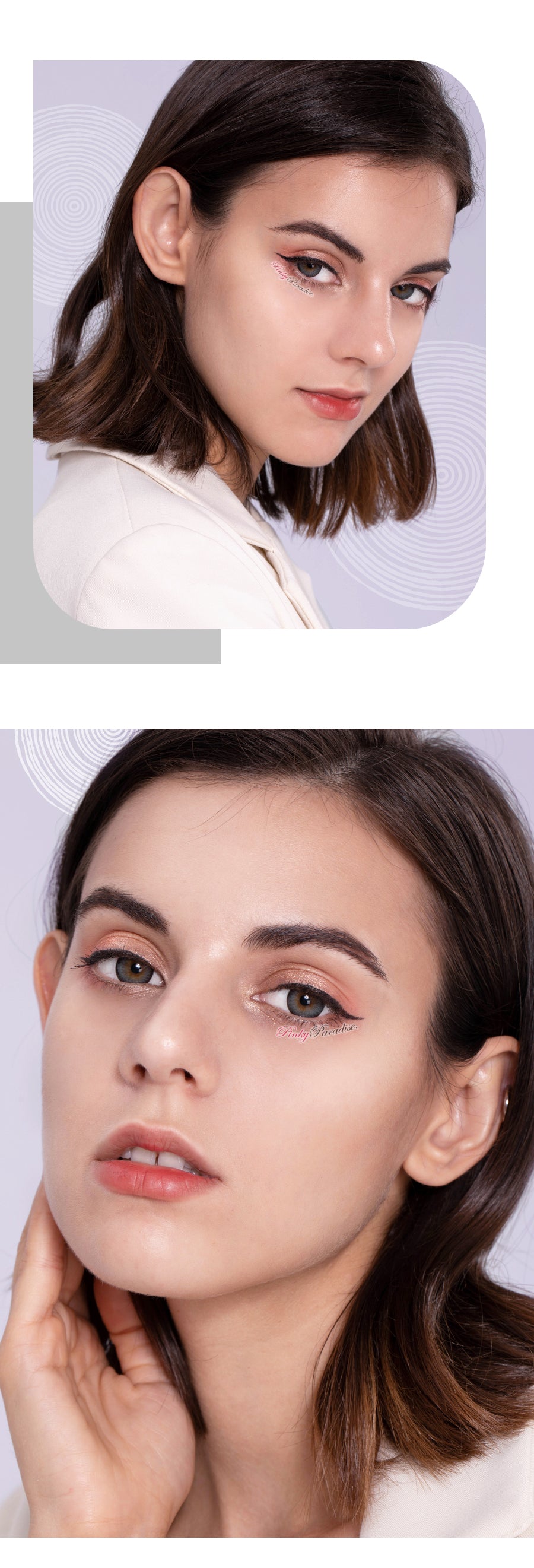 Model wearing Princess Pinky Wagon grey toric colored contacts for astigmatism