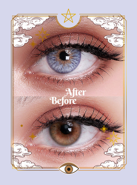 Before and after photos show eyes wearing Uris Goddess Violet colored contact lenses.