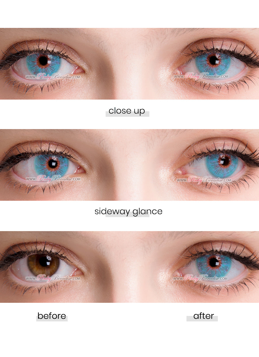 Before and After Captivating Eye Transformation with Uris Interstellar blue Colored contact lenses