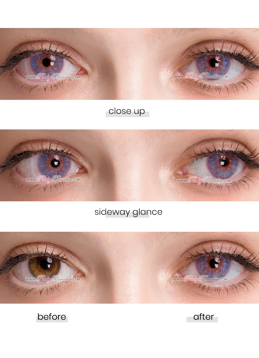 Before and After Captivating Eye Transformation with Uris Interstellar Violet Colored contact lenses