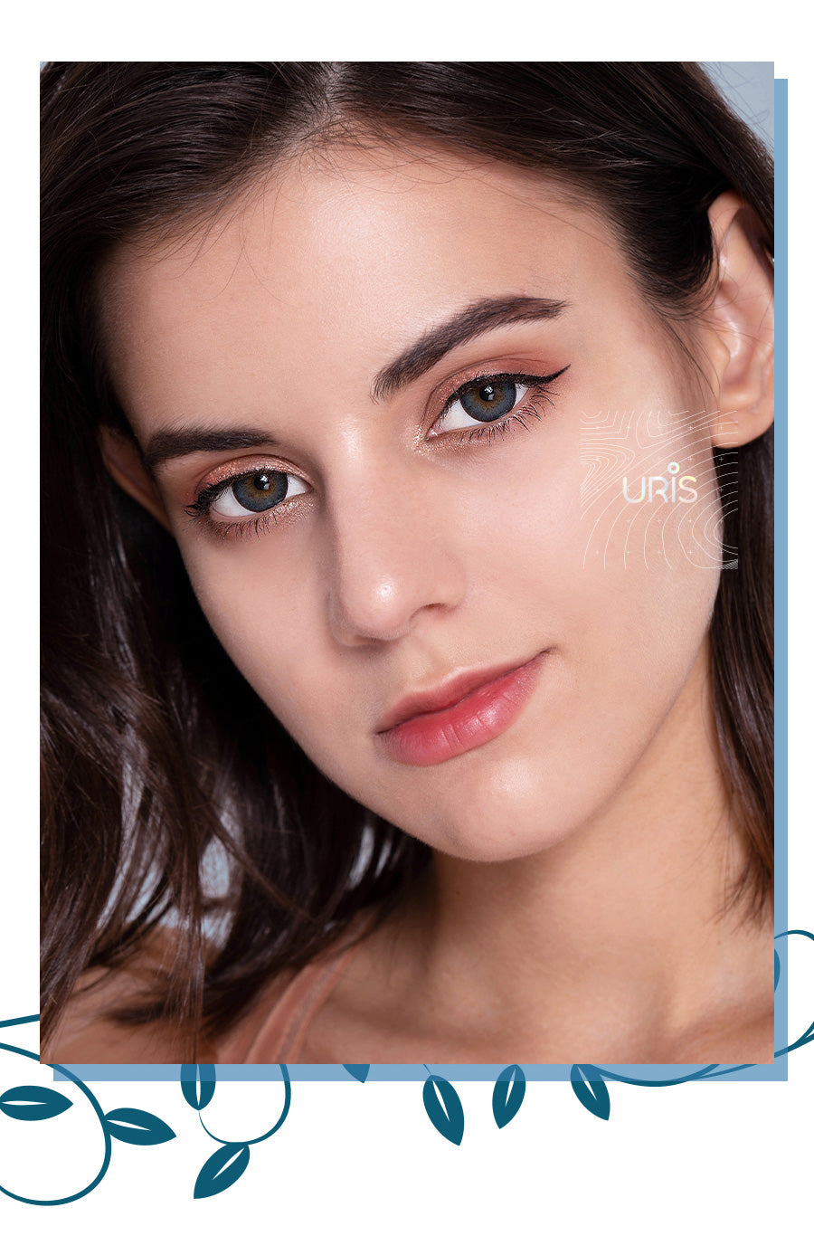 Close-up of Model wearing Uris Nymph Blue toric colored contacts for astigmatism