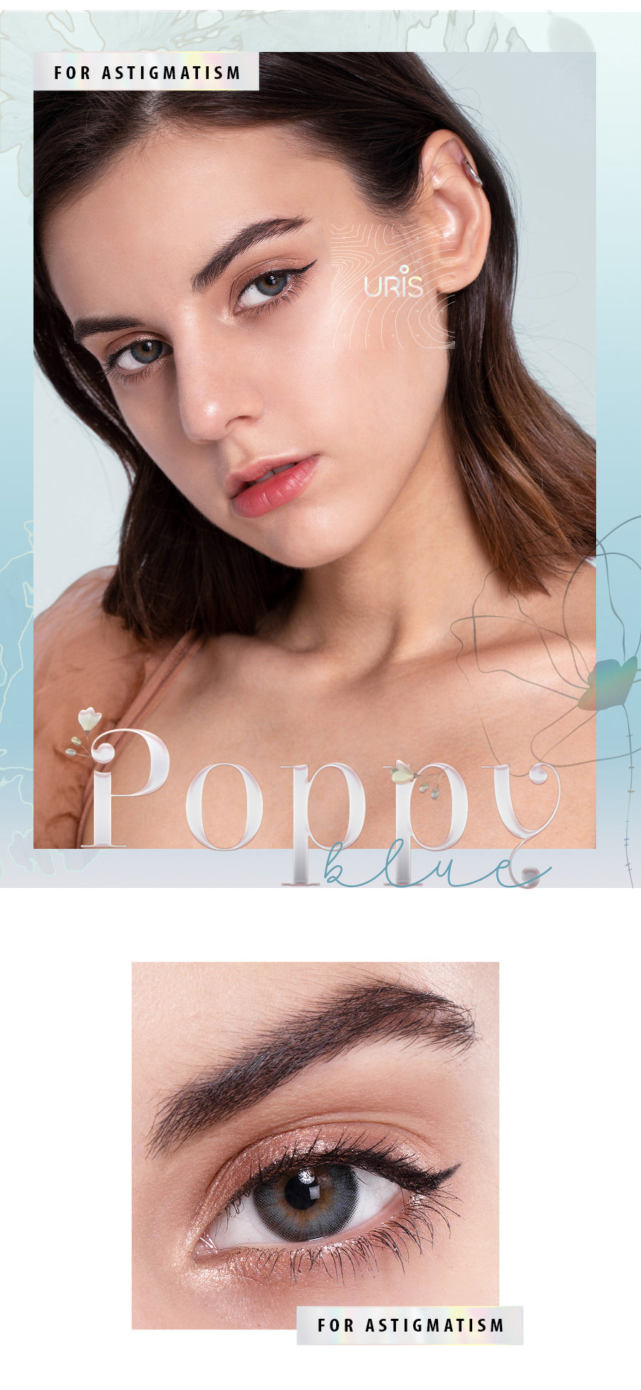 Uris Poppy Blue natural toric colored contact lenses for astigmatism