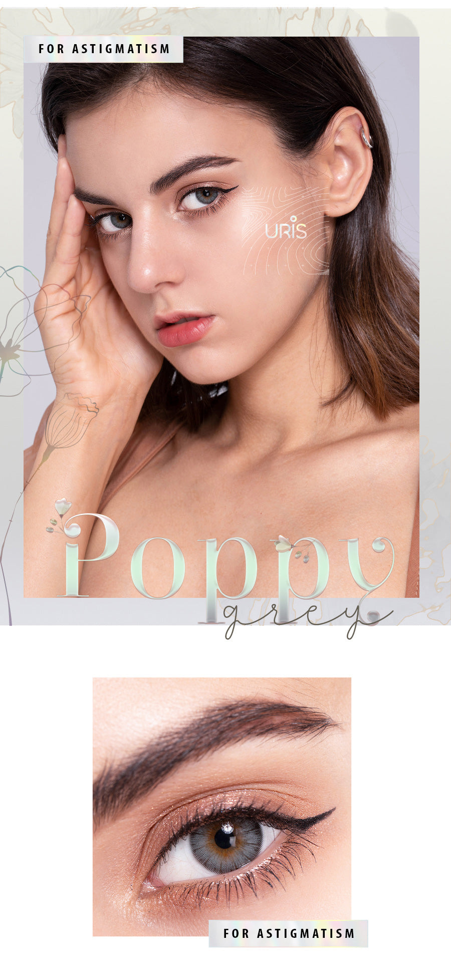 Uris Poppy grey natural toric colored contact lenses for astigmatism