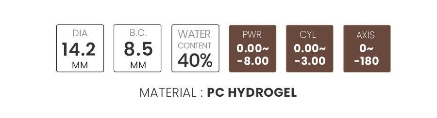 Specification of Uris Nymph Brown toric contact lenses for astigmatism