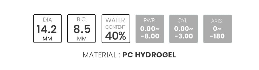 Specification of Uris Nymph Grey toric contact lenses for astigmatism