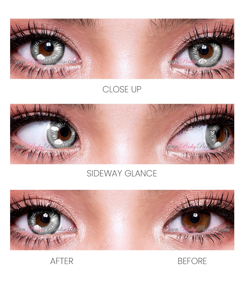 Before and after photo of Princess Pinky Lunar Earth grey Colored Contacts on brown eyes