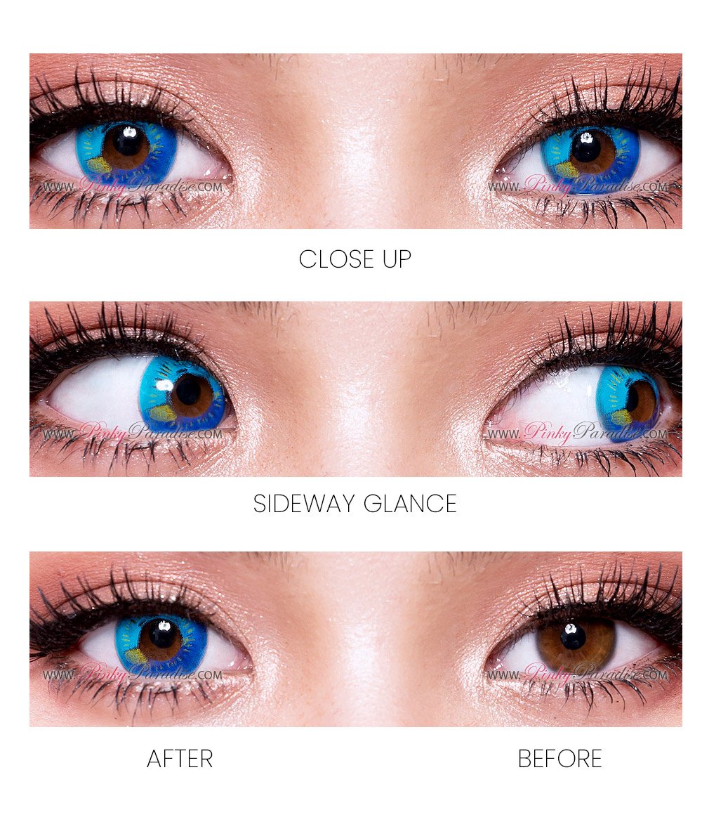 Before and after photo of Princess Pinky Lunar Earth Blue Colored Contacts on brown eyes