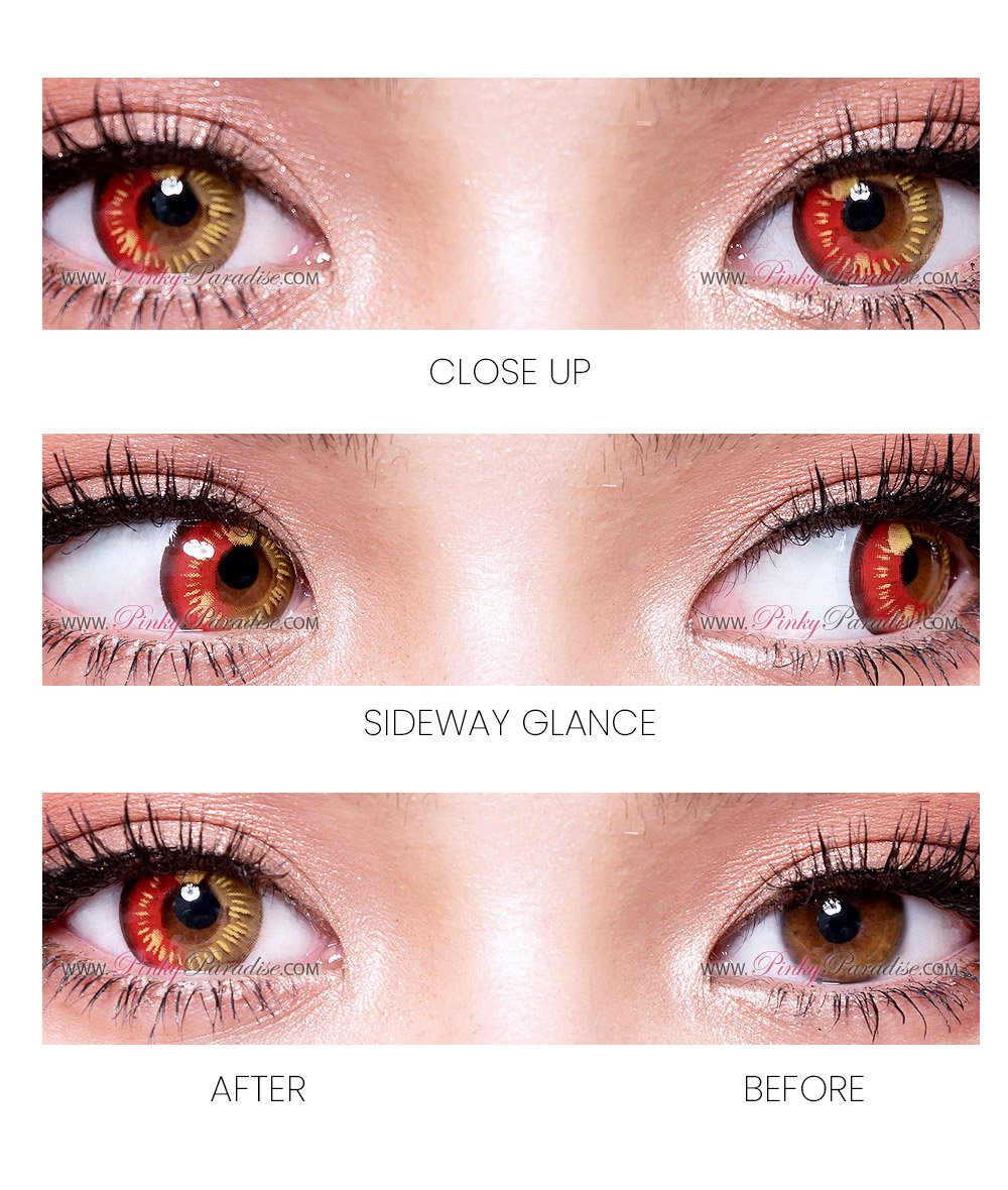 Before and after photo of Princess Pinky Lunar Earth red Colored Contacts on brown eyes