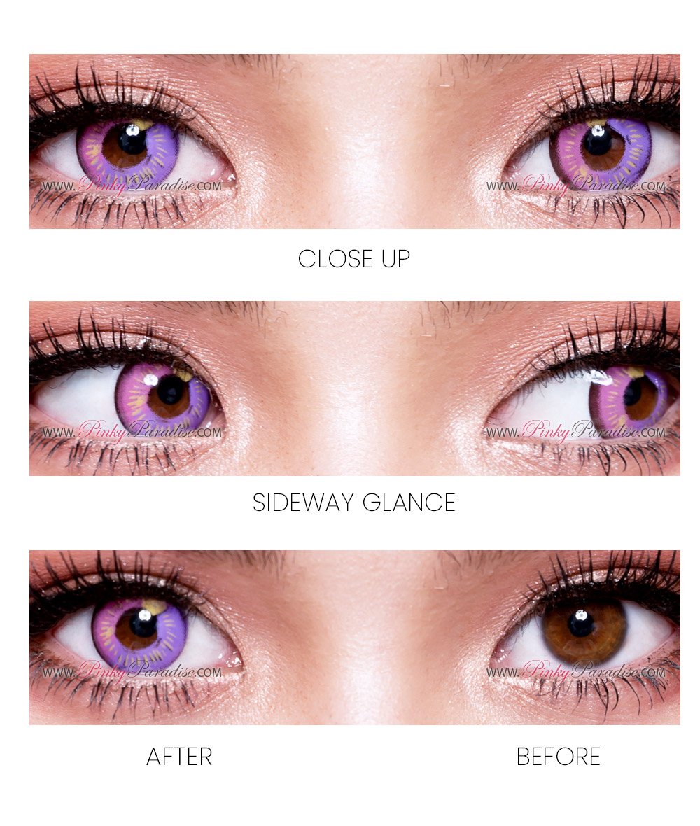 Before and after photo of Princess Pinky Lunar Earth Violet Colored Contacts on brown eyes