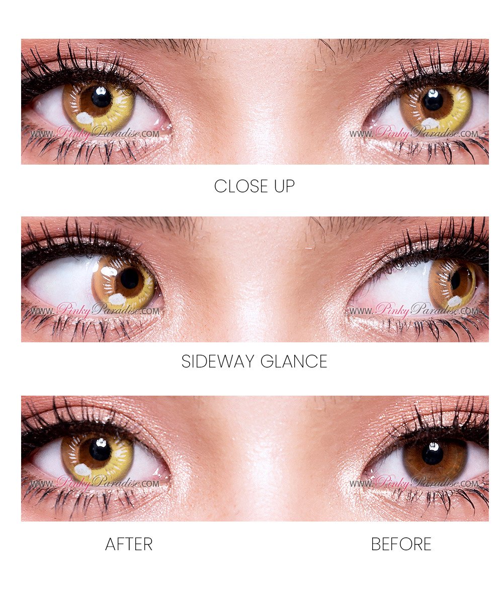 Before and after photo of Princess Pinky Lunar Earth yellow Colored Contacts on brown eyes