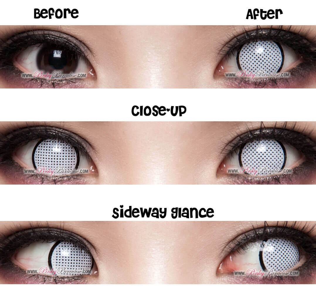 white mesh cosplay contacts before after