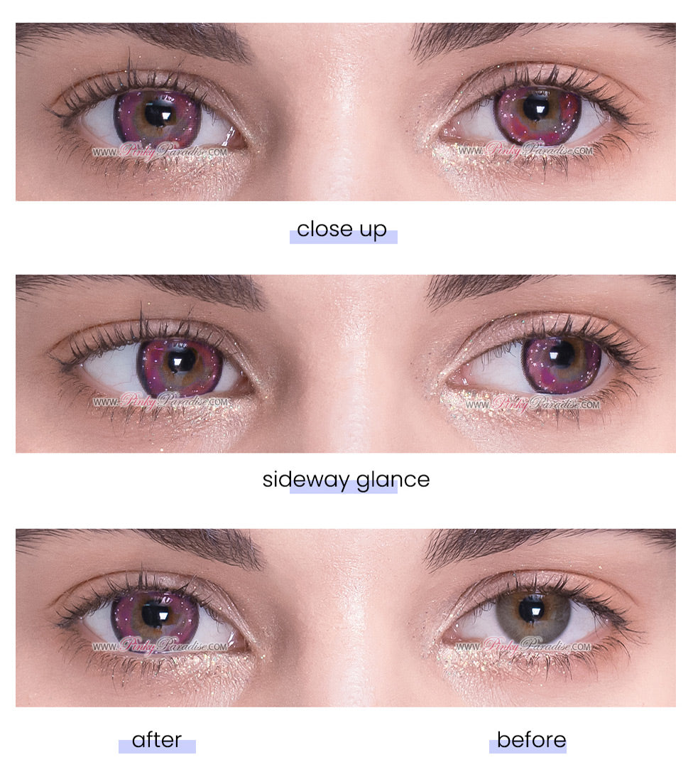 before and after of Princess Pinky Galaxy Pink cosplay lenses 