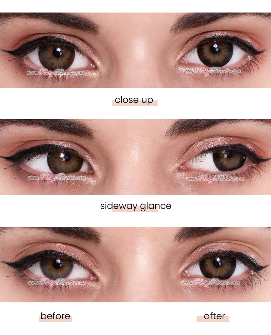 Before and after of wearing Princess Pinky Lolita Brown toric colored contacts for astigmatism