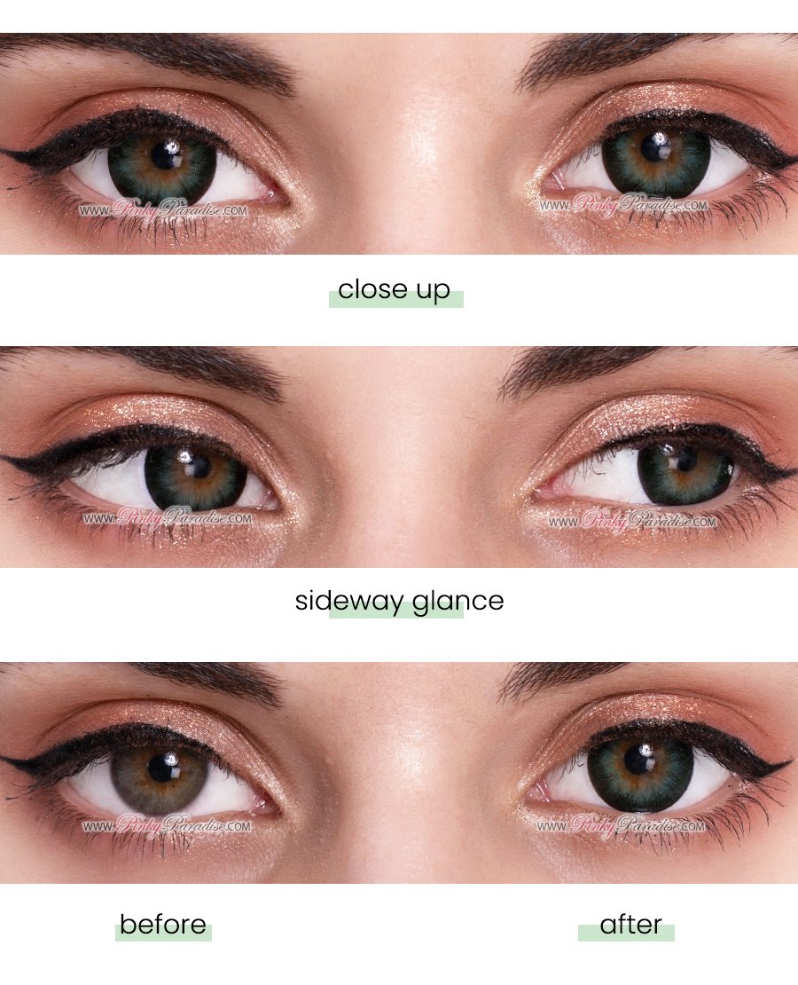 Before and after of wearing Princess Pinky Lolita Green toric colored contacts for astigmatism