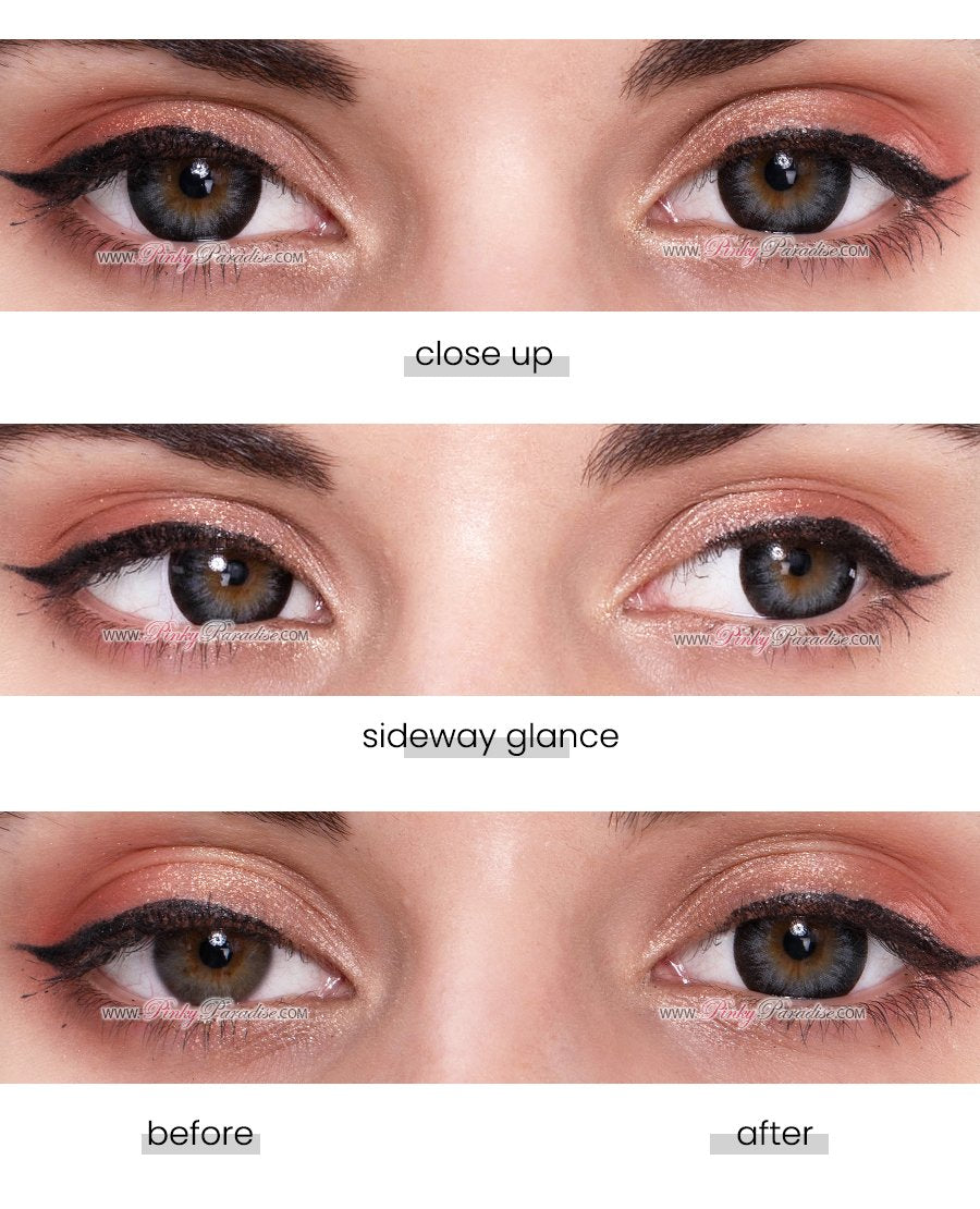 Before and after of wearing Princess Pinky Lolita Grey toric colored contacts for astigmatism