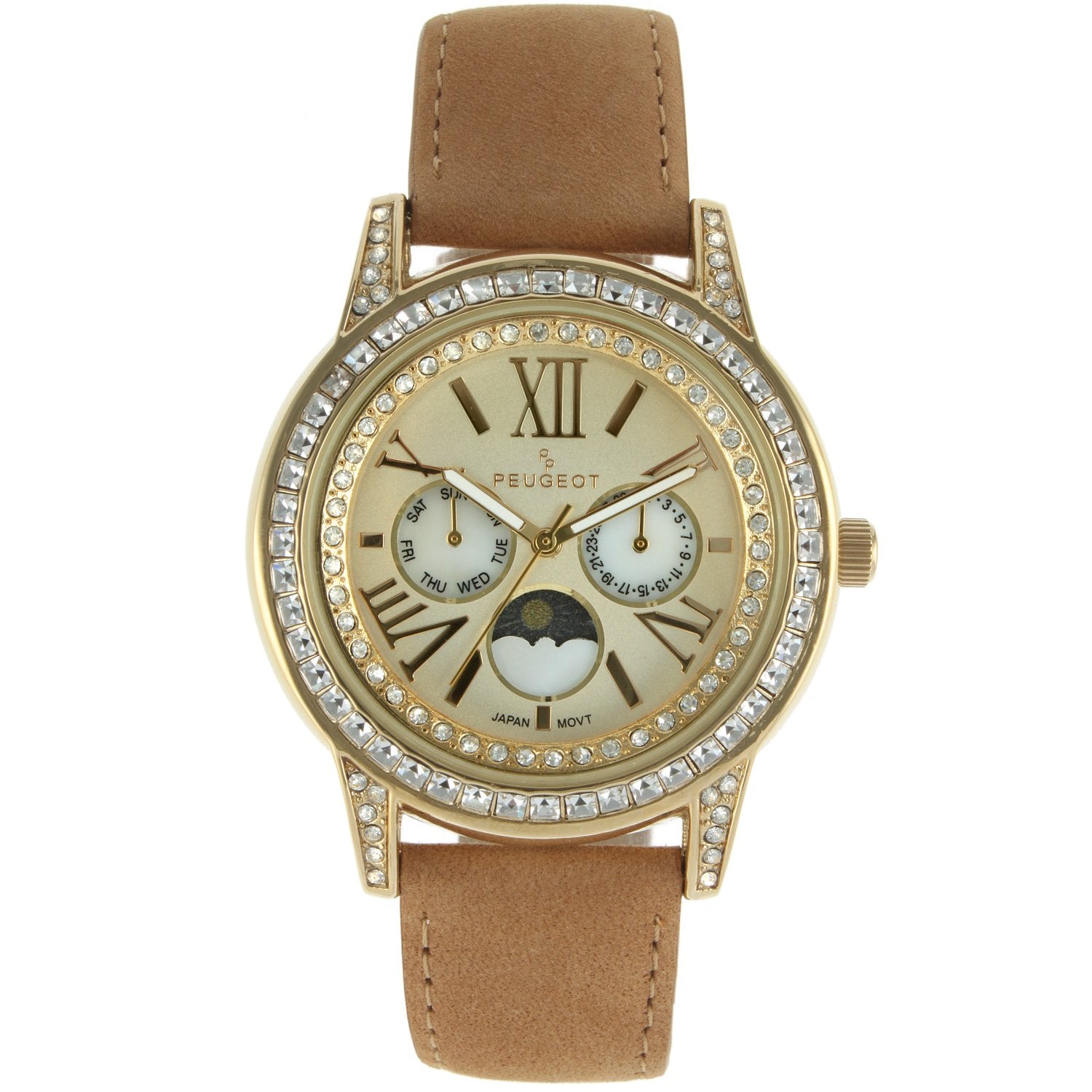 Woman Watches- Multi-function Crystal Dress Watch with Suede Strap