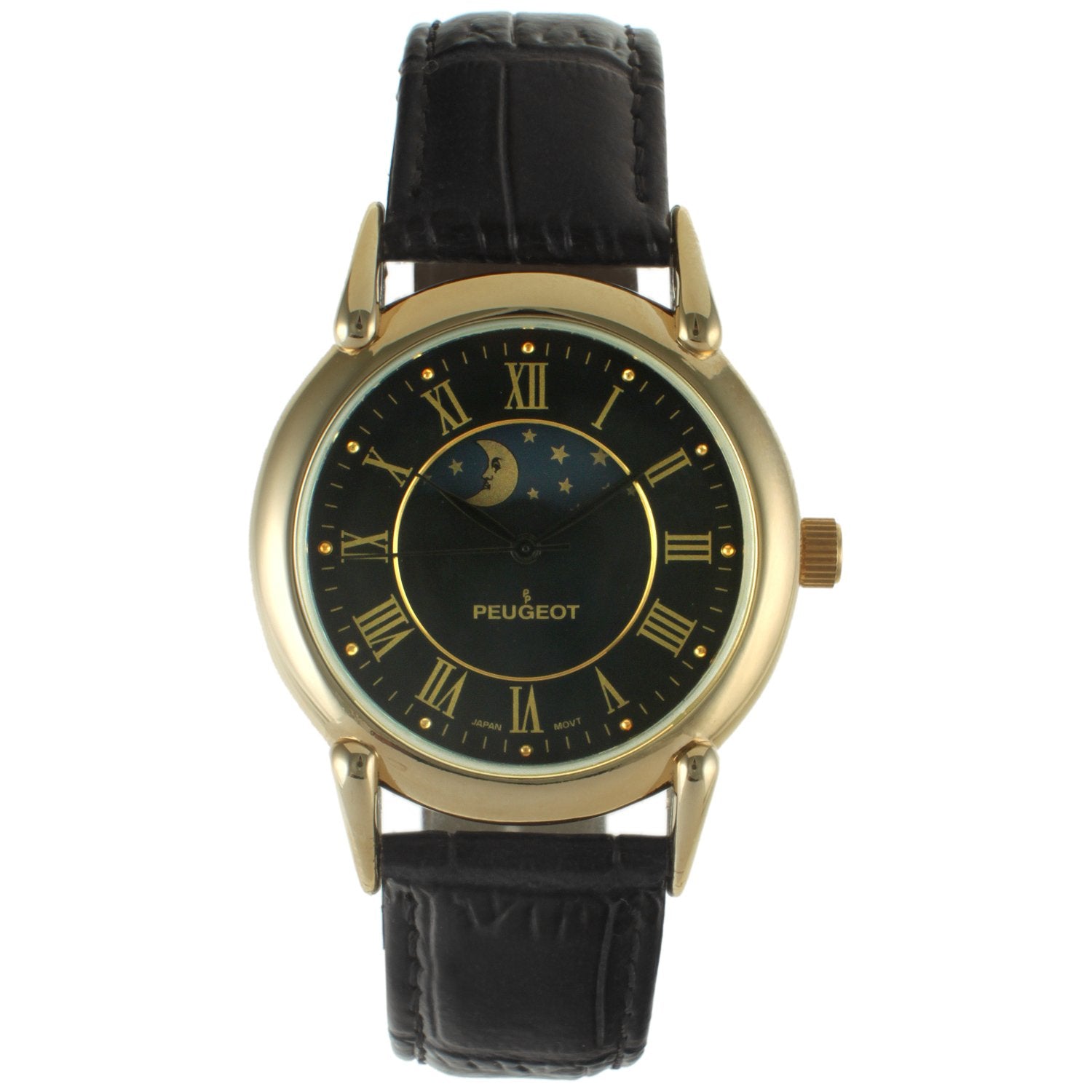 Women's 26mm Sun-Moon Phase Silver Watch with Black Leather Strap