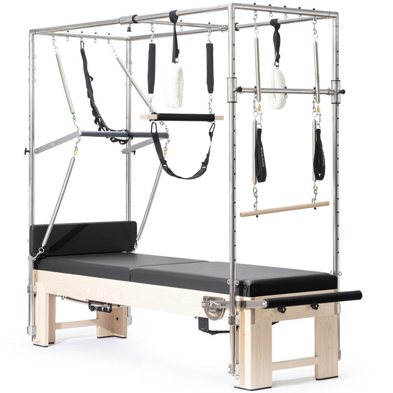 Elina Pilates Elite Cadillac-Reformer featuring a sturdy wooden frame, adjustable springs, and various attachments for versatile Pilates workouts, ideal for both studio and home use.