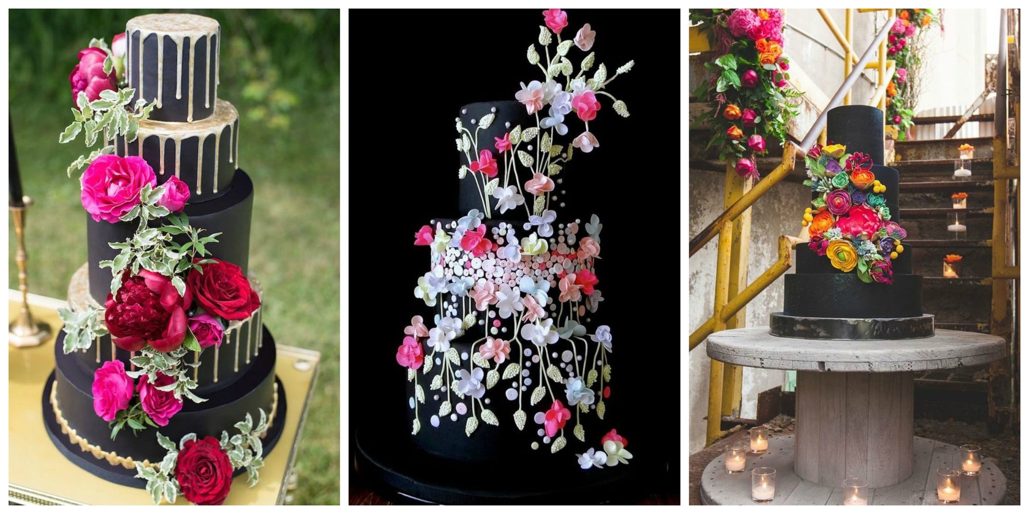 Bright Flowers On A black Wedding Cake